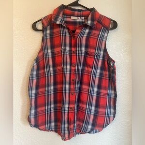 Woman’s SO Vibrant Red and Blue Plaid Sleeveless Shirt